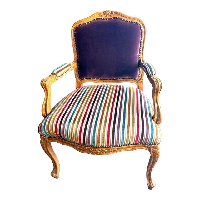 Custom Vintage Jewel Stripe Abergine French Imprt Velvet Silk Fabric Accent Chair For Sale