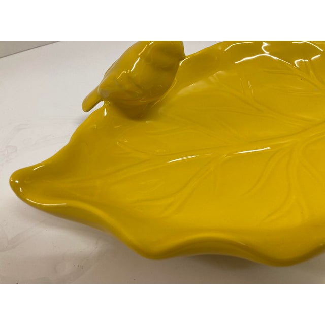 Yellow Glazed Ceramic Bird on Leaf Dish For Sale - Image 9 of 9