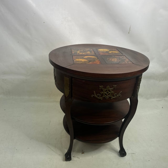 19th Century Inlaid Tile Brass Adorned Tiered Round Eagle Footed Stand For Sale - Image 9 of 12