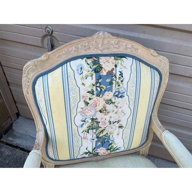 Late 20th Century Pair of Provincial Style Distressed Painted Fruitwood and Upholstered Fauteuil Chairs For Sale In Washington DC - Image 6 of 13