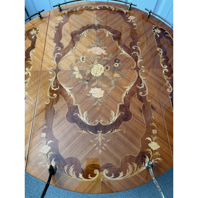 1960s Vintage Bar Cart Inlaid Marquetry Hollywood Regency Italian Tea Italy Folding Leaf For Sale - Image 13 of 15