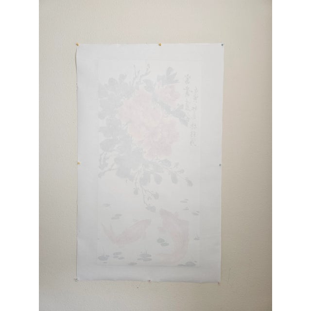 “Fu Gui You Yu富贵有余）” Peonies & Koi Original Chinese Ink & Color on Xuan Paper (Unframed, Signed) For Sale - Image 4 of 18