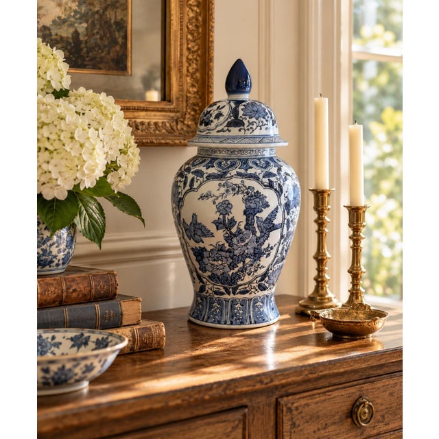 A classic blue and white ginger jar, decorated throughout with delicate bird and flowering branch motifs. The pattern is...
