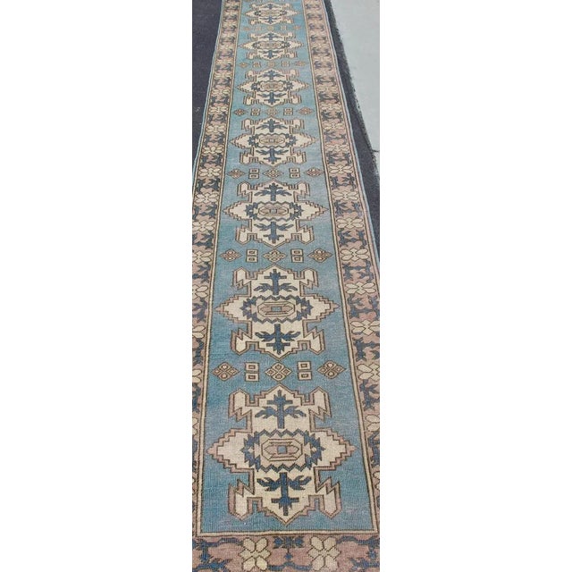 Sky Blue Long Vintage Turkish Runner With Geometric Design in Light Blue and Taupe 2'9 X 17'4 For Sale - Image 8 of 12