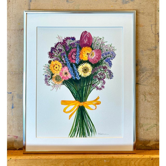 Metal Watercolor Painting Original “Strawflower Bouquet” Framed For Sale - Image 7 of 10