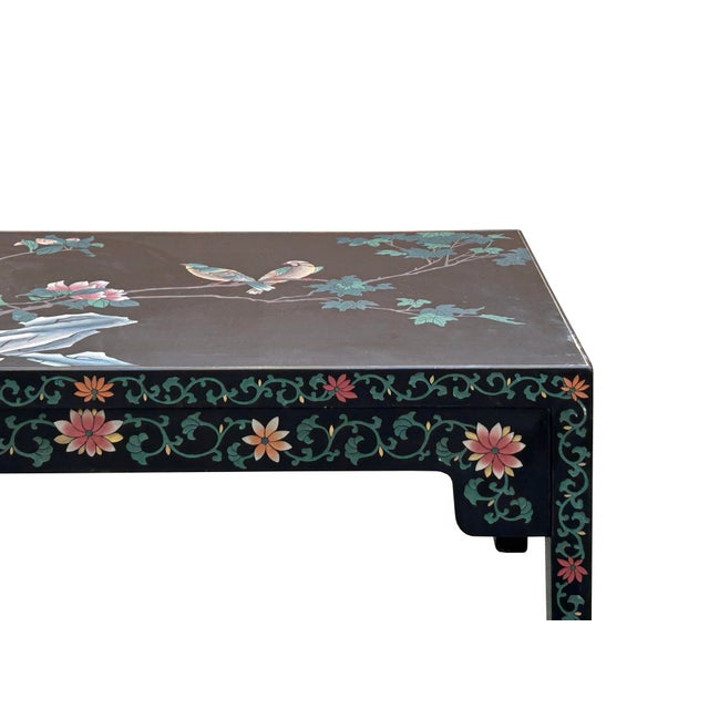 Black 1970s Chinese Black Lacquer Flower Birds Graphic Rectangular Low Coffee Table For Sale - Image 8 of 13