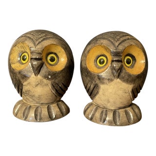 1960s Italian Alabaster Marble Owl Head Bookends - a Pair For Sale