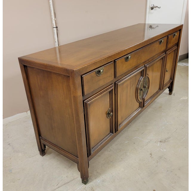 1960s Century Furniture Asian Modern Fruitwood Credenza With Brass Hardware For Sale - Image 9 of 10