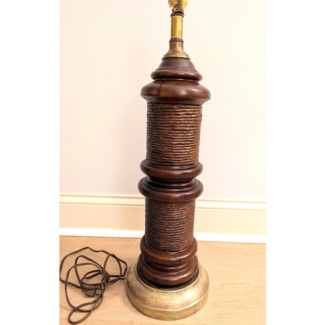 1970s Mid Century Walnut Wood Column Lamp With Rush Accent Retro 70s For Sale - Image 5 of 9