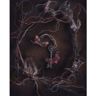 Entanglements by Kierstin Young | Pastel on paper of a key surrounded by intertwined threads and butterflies For Sale