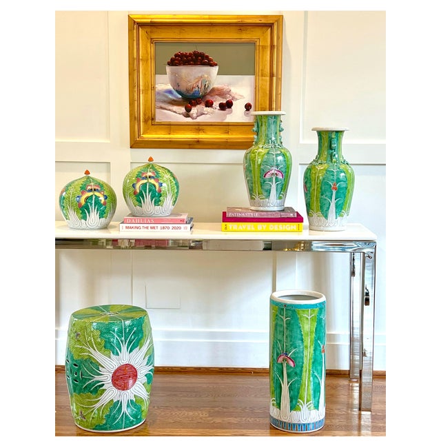 Bok Choy “Shou” Longevity Pattern Handpainted Porcelain Umbrella Stand For Sale - Image 12 of 12