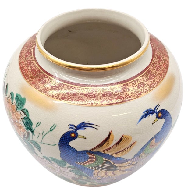 Hand-Painted Japanese Kutani Peacock & Peony Porcelain Vase, 8" For Sale - Image 4 of 8