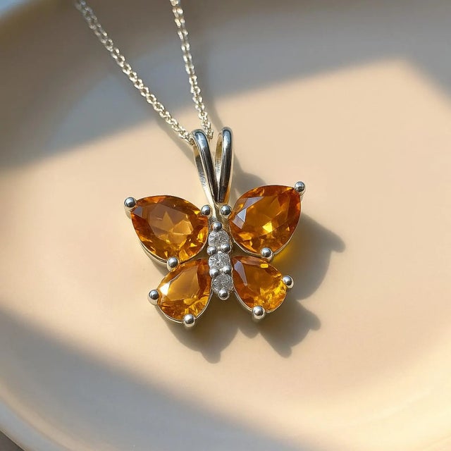 Citrine Butterfly Gemstone Pendant Necklace in 925 Sterling Silver For Sale - Image 4 of 4