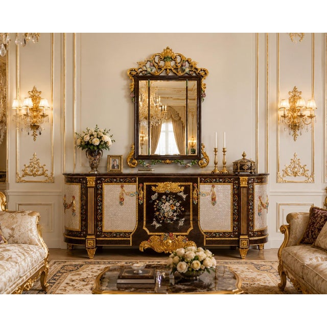 A remarkable expression of French Revival artistry, the Obsidian Bloom Sideboard and Mirror Set by Maison Velour...