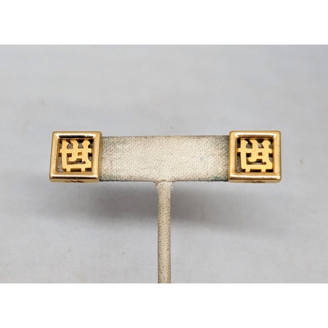 Mid-Century Modern Vintage 1970s Signed Napier Goldtone Square Chinese Character Pierced Earrings-2 Pieces For Sale - Image 3 of 8