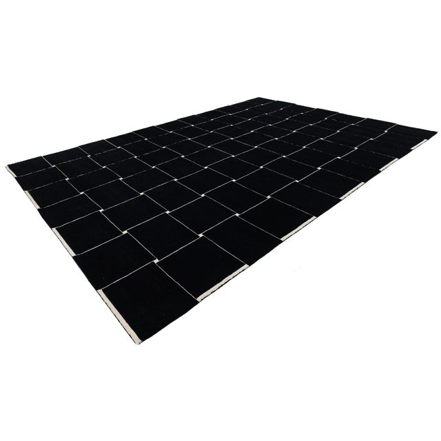 Modern Minimalist Black & Ivory Geometric Grid Wool Area Rug 10x14 For Sale - Image 12 of 12