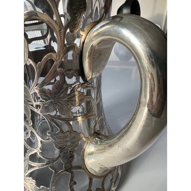 Art Deco Antique 8.5" Alvin Silver Over Clear Glass Decanter Pitcher, R326 For Sale - Image 3 of 9