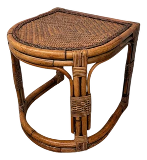 1970s Mid-Century Rattan & Bamboo Accent Table With Woven Wicker Top, Bohemian Style Side Table