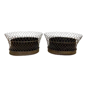 Early 20th Century Antique French Gilt T?¥le & Iron Tole Metal Filigree Oval Planters - A Pair
