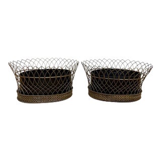 Early 20th Century Antique French Gilt Tôle & Iron Tole Metal Filigree Oval Planters - A Pair For Sale