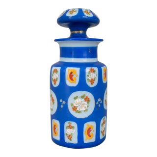 Late 19th-Century Cobalt Blue Opaline Glass Perfume Bottle With Hand-Enameled Florals For Sale