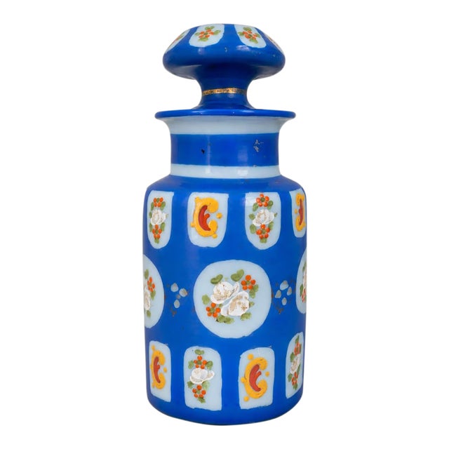 Late 19th-Century Cobalt Blue Opaline Glass Perfume Bottle With Hand-Enameled Florals For Sale