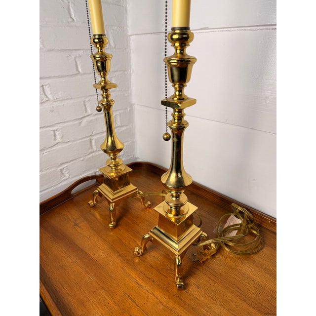 Brass Mid 20th Century Tall Brass Footed Lamps - a Pair For Sale - Image 8 of 13