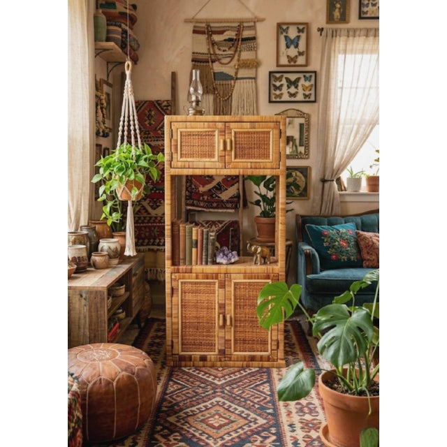 Vintage Bielecky Brothers Rattan Wrapped Mid Century Coastal Tall Display Storage Cabinet For Sale - Image 12 of 13