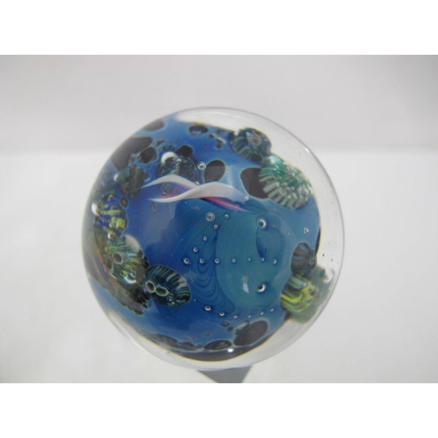 Josh Simpson Inhabited Planet Earth Art Glass Marble Paperweight & Display Stand For Sale - Image 9 of 10