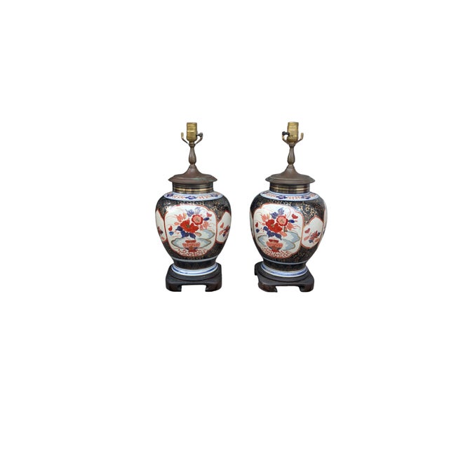 Wildwood Japanese Imari Chinoiserie Ginger Jar Hand-Painted Porcelain Gilted Orange Blue Lamp.