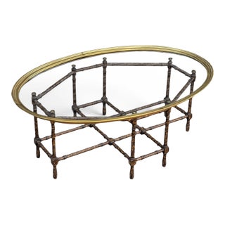 Baker Attributed Oval Faux Bamboo Brass and Glass Coffee Table, C. 1970s For Sale