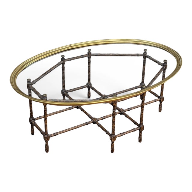 Baker Attributed Oval Faux Bamboo Brass and Glass Coffee Table, C. 1970s For Sale
