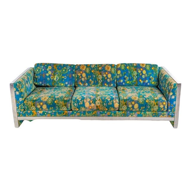 Mid-Century Modern 1970s Sofa Set With Jack Lenor Larsen Cotton Velvet Fabric and Chrome Trim For Sale - Image 3 of 11