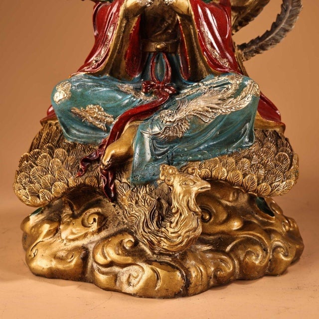 Vintage Painted Bronze Sculpture of Goddess With Phoenix, Gilded & Polychrome Relief Statue For Sale In Los Angeles - Image 6 of 9