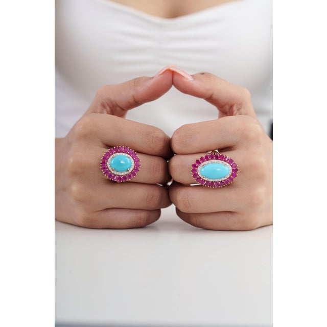 14k Yellow Gold 9.1ct Oval Cabochon Turquoise & Diamond Ruby Ring Size 5 For Sale In New York - Image 6 of 18