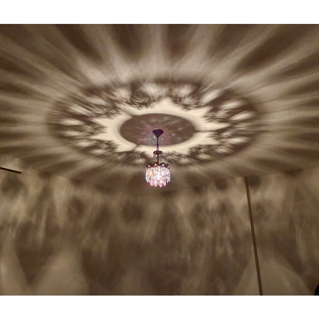 Vintage Brass Crown Chandelier With Hand-Painted Pink and Ice Blue Crystal Prisms For Sale - Image 12 of 17
