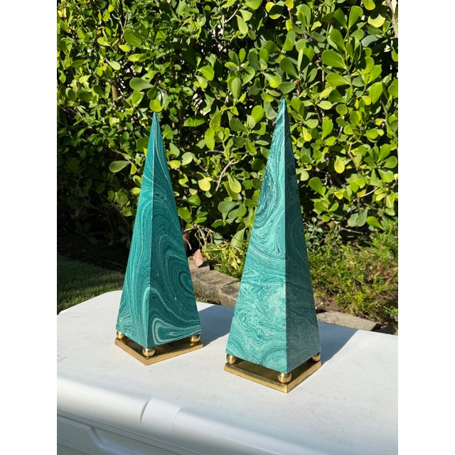 Late 20th Century Vintage Faux Malachite Obelisk Sculptures With Brass Bases, Pair For Sale - Image 5 of 12