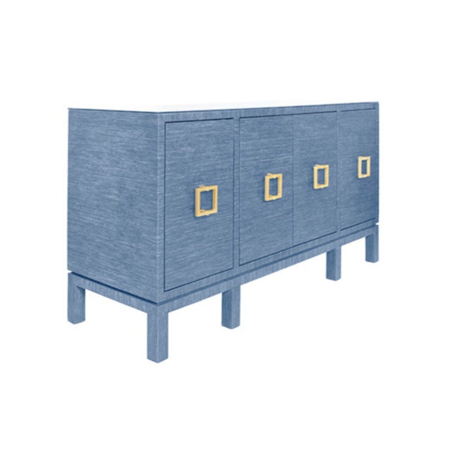 Contemporary Matthew Izzo Home Effie Denim Blue Grasscloth Four Door Buffet With Glass Top and Brass Square Handles For Sale - Image 3 of 8