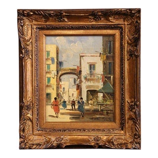 Early 20th Century Italian Street Scene Painting in Gilt Frame Signed Petrilli Circa 1920 For Sale