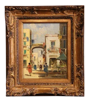 Early 20th Century Italian Street Scene Painting in Gilt Frame Signed Petrilli Circa 1920