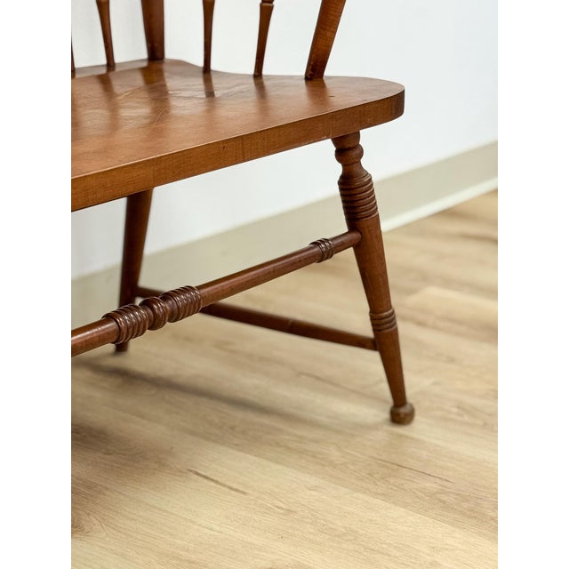 Vintage Maple Spindle Two-Seat Bench Double Crest Turned Legs Farmhouse For Sale - Image 18 of 18
