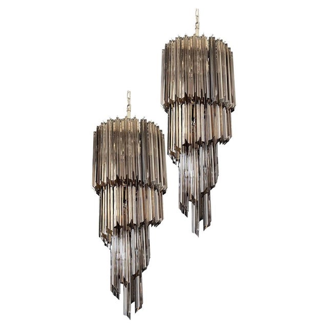 Murano Glass Spiral Chandeliers with 54 Quadriedri Smoked Prisms, 1980s, Set of 2 For Sale - Image 9 of 9