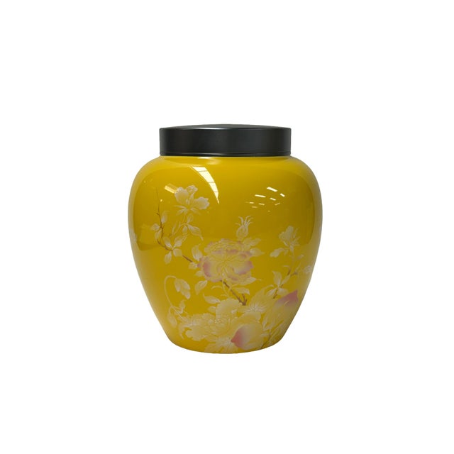 Ceramic Bright Yellow White Floral Peonies Butterflies Bulbous Porcelain Metal Lid Jar For Sale - Image 7 of 8