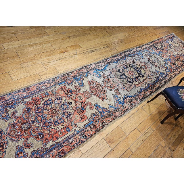 Antique Persian Malayer Runner Rug, Hand-Knotted Wool, Geometric Pattern, 4x20, Ivory & Blue For Sale - Image 14 of 14