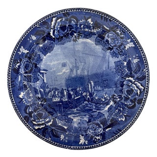 Vintage Wedgwood Etruria Flow Blue Boston Tea Party Plate Made in England For Sale