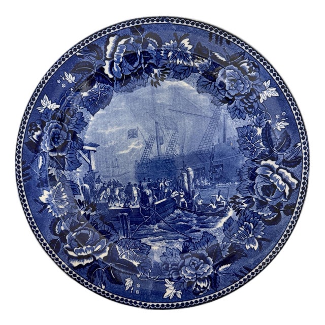 Vintage Wedgwood Etruria Flow Blue Boston Tea Party Plate Made in England For Sale
