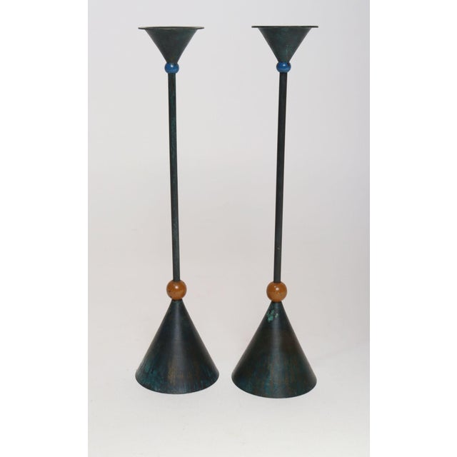 Pair of vintage Postmodern candlesticks in bronze with verdigris patina designed by Christian de Beaumont for his Milano...