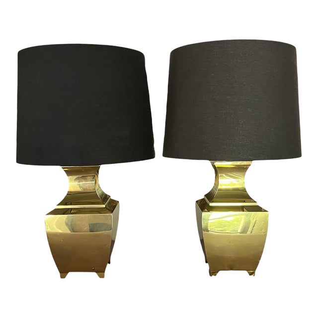 Vintage 1970s Hollywood Regency Brass Urn Table Lamps With Black Shades - A Pair For Sale