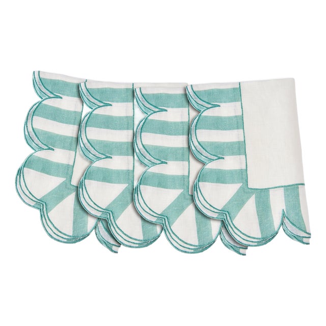 Jardin Embroidered Linen Scalloped Stripe Napkins in Natural/Mint Green, Set of 4 For Sale