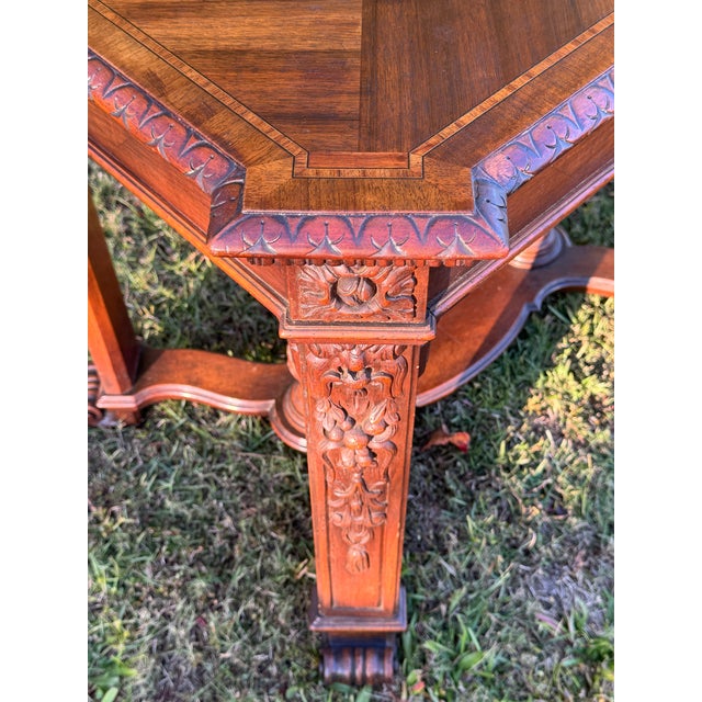 Fine Antique Early 1900s Victorian Mahogany Carved & Inlaid Marquetry Library Table For Sale - Image 6 of 18